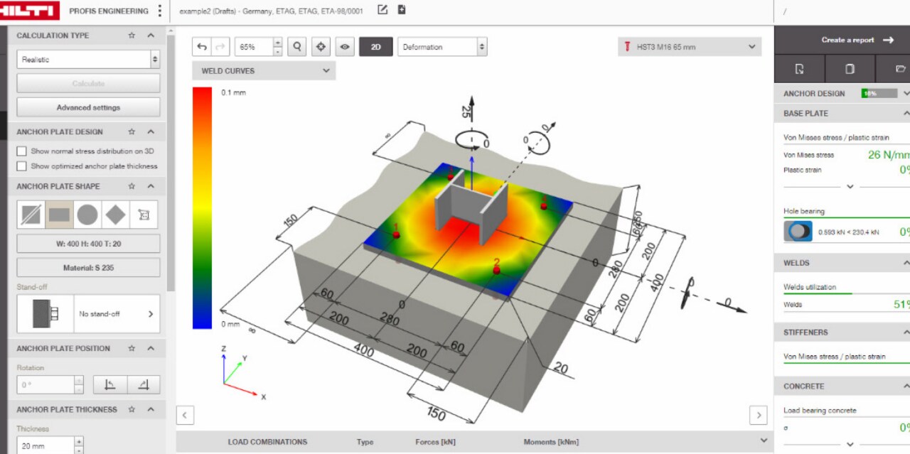 Capture d’écran du dimensionnement de platines dans le logiciel PROFIS Engineering