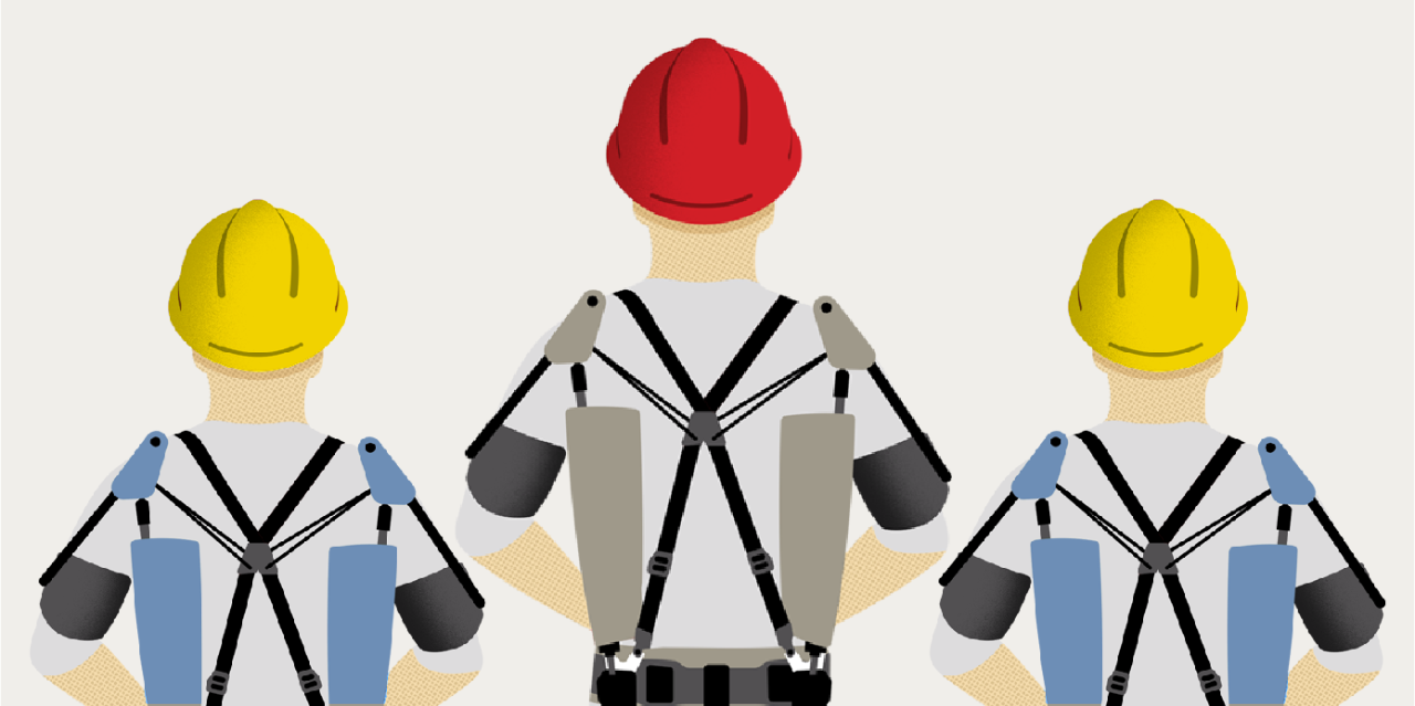 Illustratie van 3 arbeiders met een exoskelet