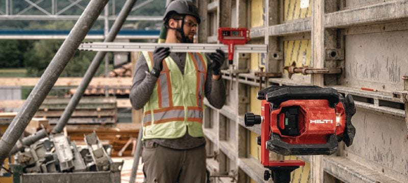 PR 40-22 Enkele helling roterende laserniveau Robuuste buitenlaser met automatische functies om over een lange afstand te nivelleren, uit te lijnen, hellingsgraden te meten en af te stellen (Nuron accuplatform) Toepassingen 1