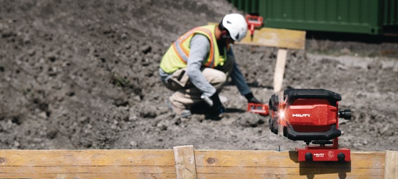 PR 40-22 Enkele helling roterende laserniveau Robuuste buitenlaser met automatische functies om over een lange afstand te nivelleren, uit te lijnen, hellingsgraden te meten en af te stellen (Nuron accuplatform) Toepassingen 1