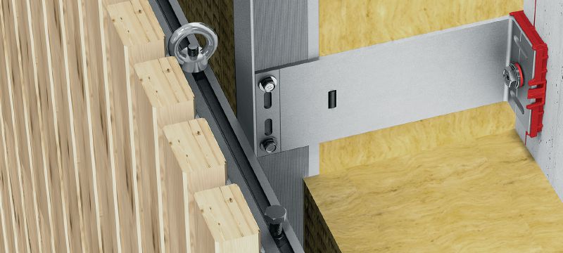 Rails d'accrochage MFT-MTS Rails d'accrochage pour la préfabrication et le montage de panneaux verticaux de bardage en bois sur des sous-structures en aluminium pour les façades ventilées Applications 1