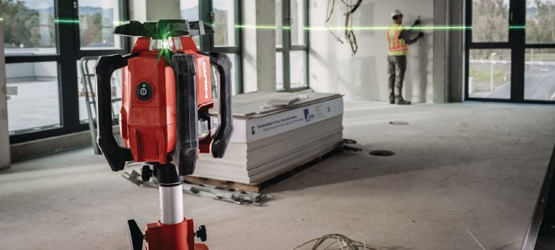 Enkelvoudige groene roterende laserniveau met helling PR 40G-22 Robuust roterende laserniveau voor binnen met goed zichtbare groene balk en automatische functies voor nivelleren, uitlijnen, hellende en vierkant maken (Nuron platform) Toepassingen 1