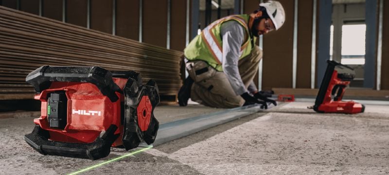 Enkelvoudige groene roterende laserniveau met helling PR 40G-22 Robuust roterende laserniveau voor binnen met goed zichtbare groene balk en automatische functies voor nivelleren, uitlijnen, hellende en vierkant maken (Nuron platform) Toepassingen 1